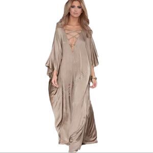 Tan Lace Up V-Neck Silky Summer Maxi Beach Cover Kaftan Dress NEW